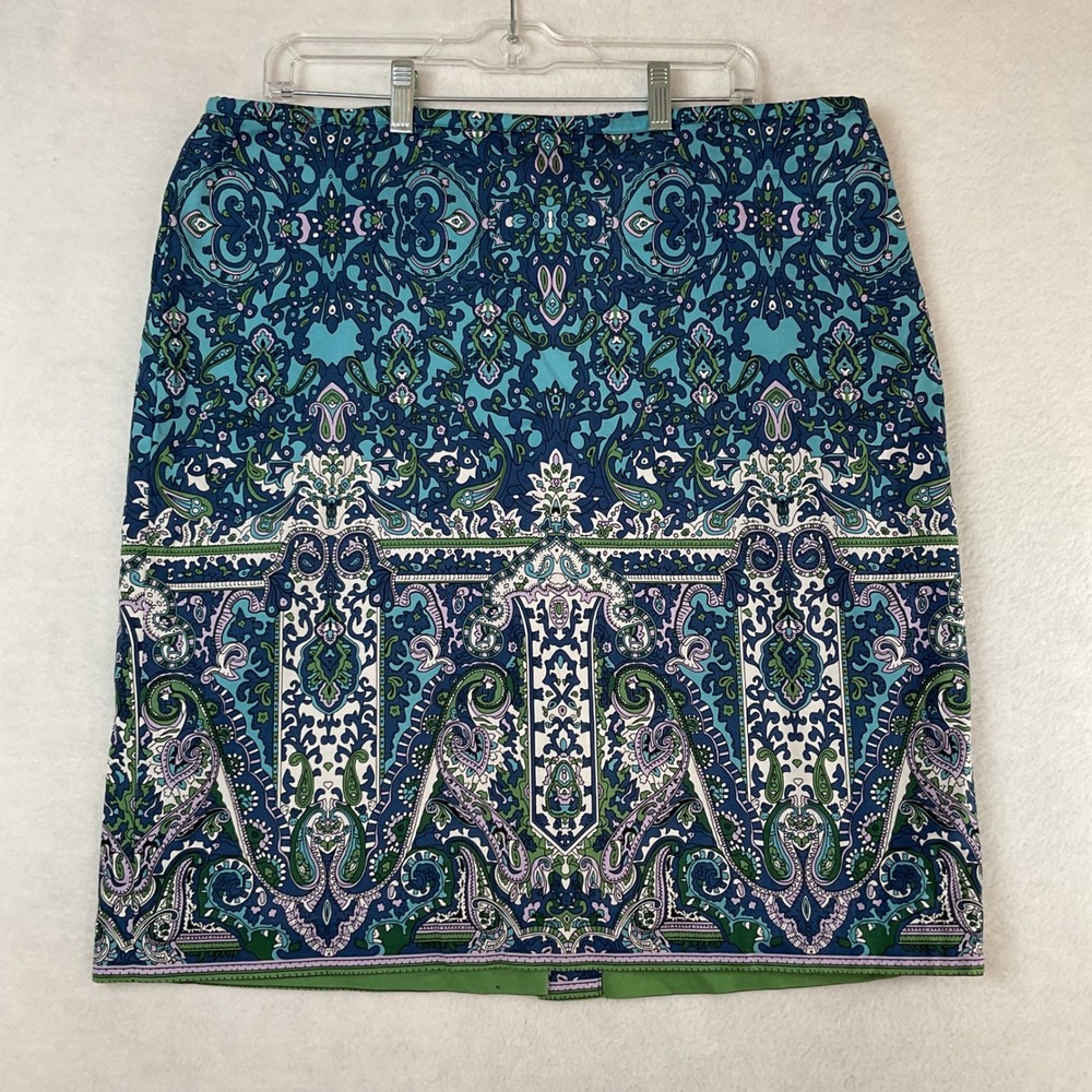 Talbots Womens Size 16 Blue Green Paisley Medallion Cotton Blend Pencil Skirt